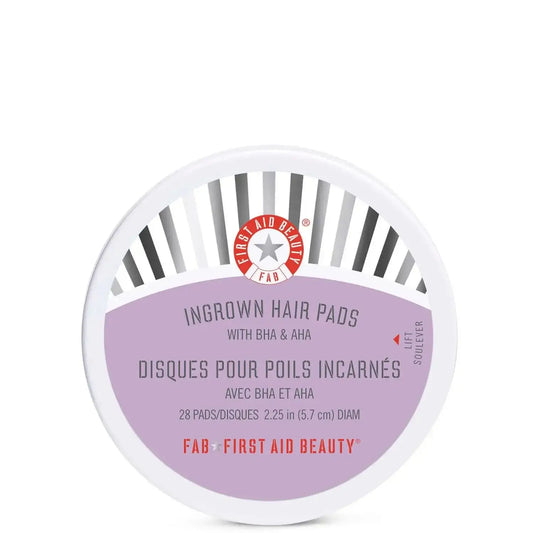 First Aid Beauty Ingrown Hair Pads with BHA and AHA for smoother skin, 28 exfoliating pads in a round container.