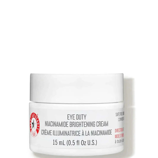 First Aid Beauty Eye Duty Niacinamide Brightening Cream in jar, 15 mL for enhancing skin radiance and hydration.