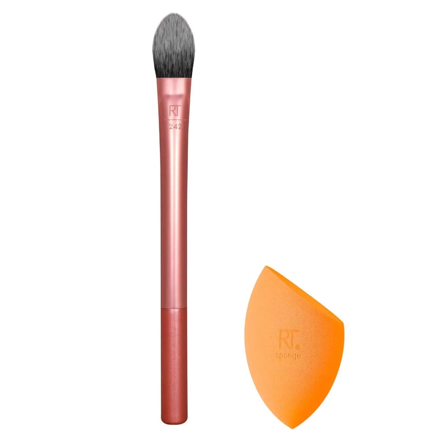 Real Techniques Conceal and Blend Duo featuring concealer brush and Miracle Complexion Sponge for flawless makeup application.