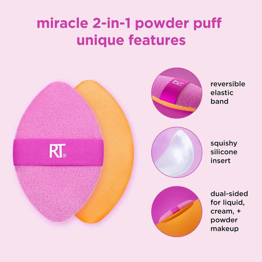 Real Techniques Miracle 2-in-1 Powder Puff with dual sides for seamless makeup application and unique squishy silicone insert.