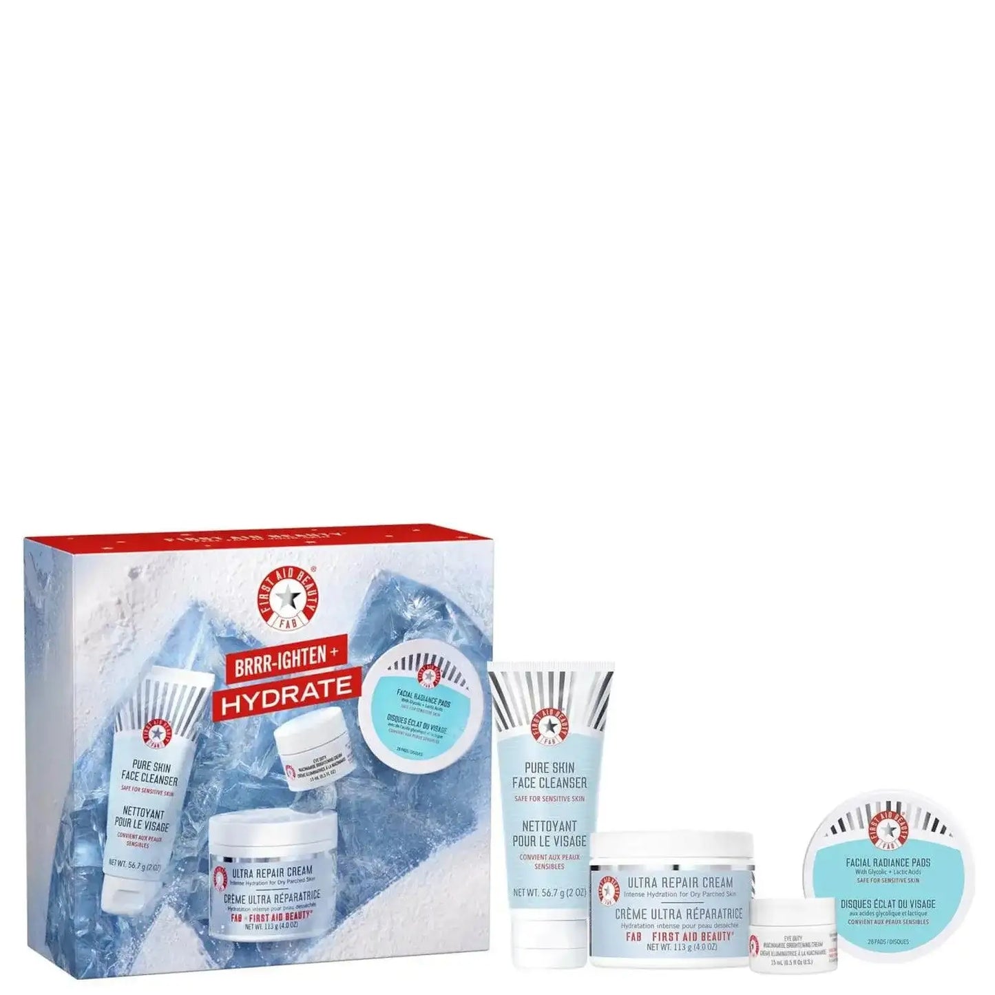 First Aid Beauty BRRR-ighten and Hydrate Set with Ultra Repair Cream and Face Cleanser for sensitive skin.