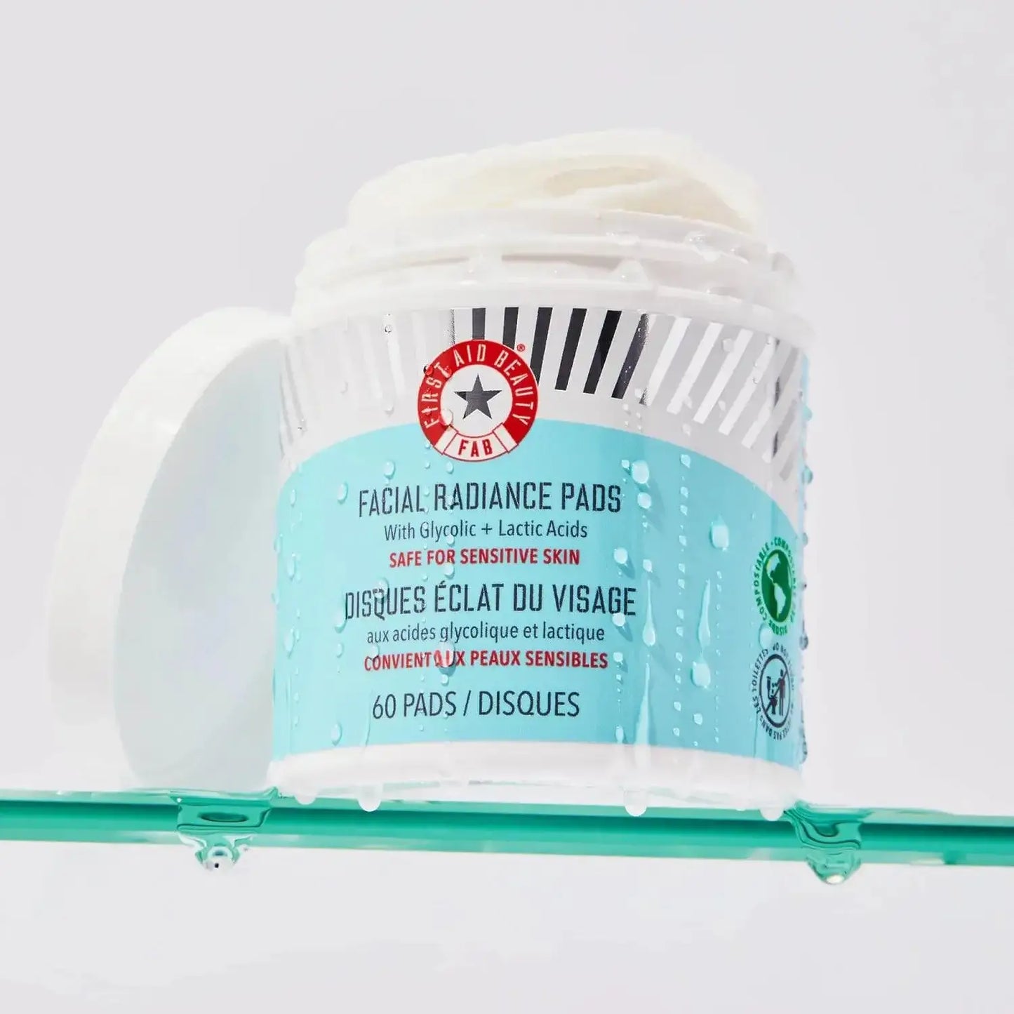 First Aid Beauty Facial Radiance Pads with Glycolic and Lactic Acids for gentle exfoliation and brighter skin.