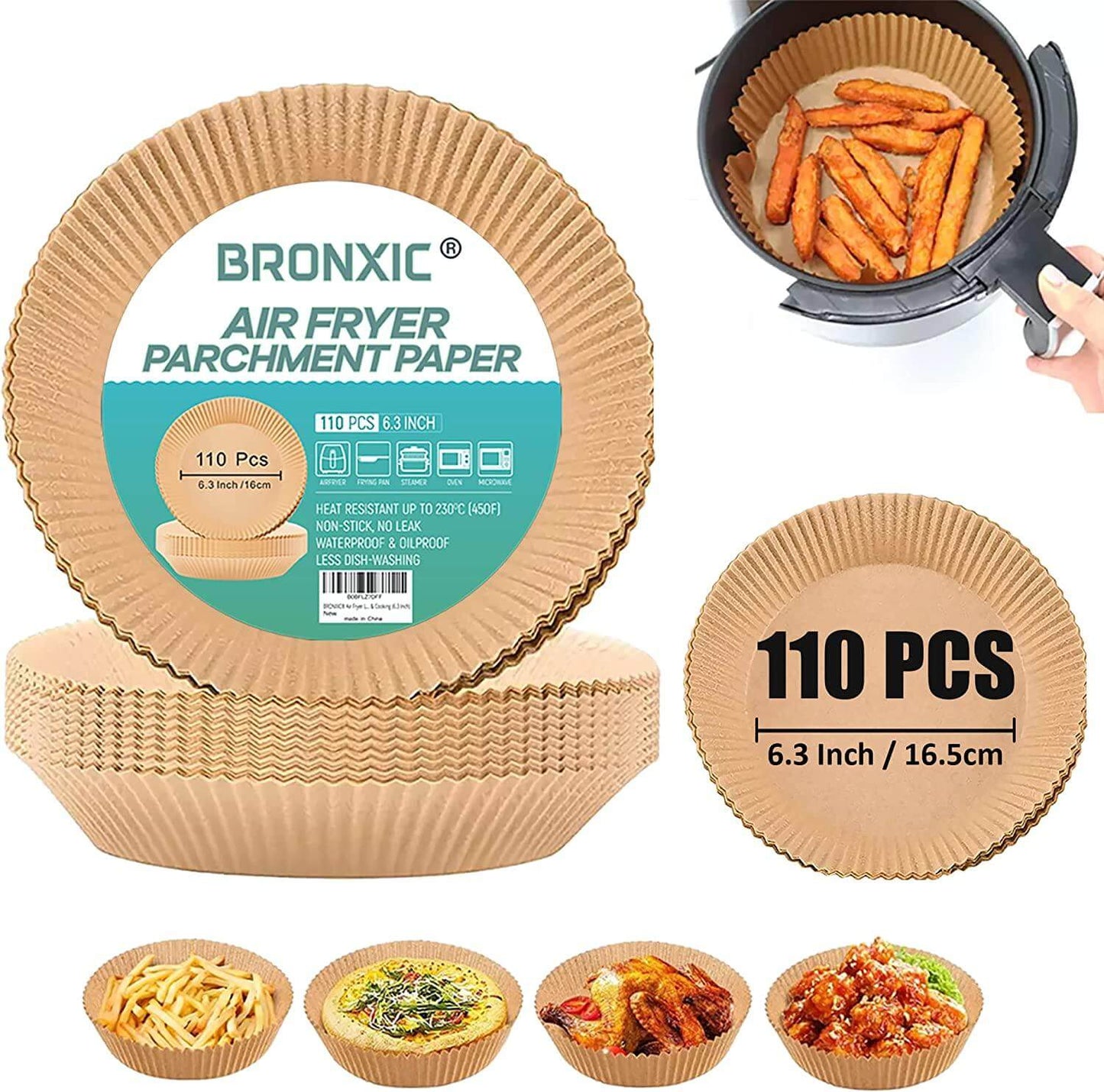 Air Fryer Disposable Liners 110PCS, 6.3 inch parchment paper for easy cleanup and better cooking performance.