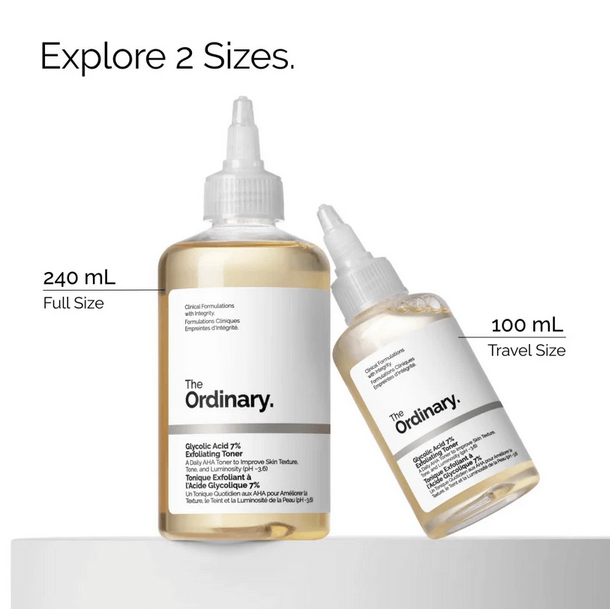 The Ordinary Glycolic Acid 7% Toning Solution in two sizes: 240 mL full size and 100 mL travel size.