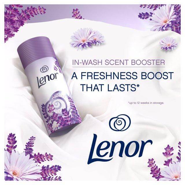 Lenor In-Wash Scent Booster with Lavender & Chamomile for lasting freshness up to 12 weeks in storage.