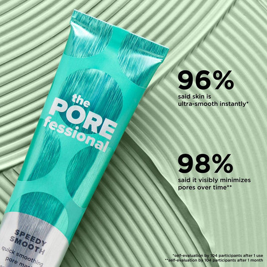 Benefit The POREfessional Speedy Smooth Pore Mask tube against a textured green background, highlighting skincare results.