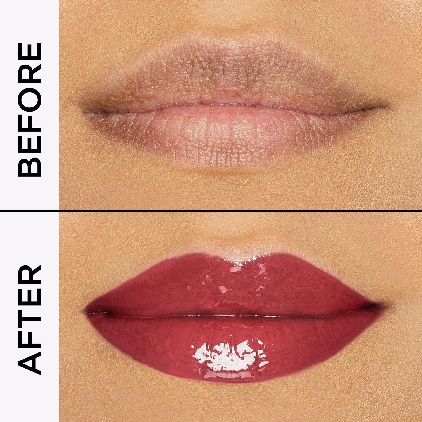 Before and after image showing lips transformed with Tarte H₂O Gloss Lip Gloss Escape for a plump, glossy finish.
