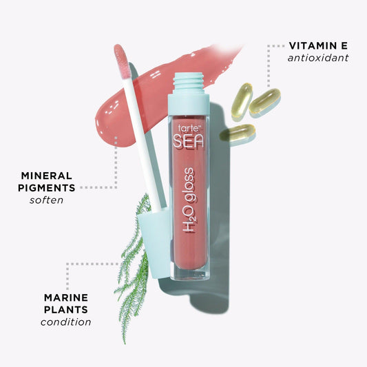 Tarte H₂O Gloss Lip Gloss Escape showcasing marine ingredients for hydration and softness with vitamin E and mineral pigments.