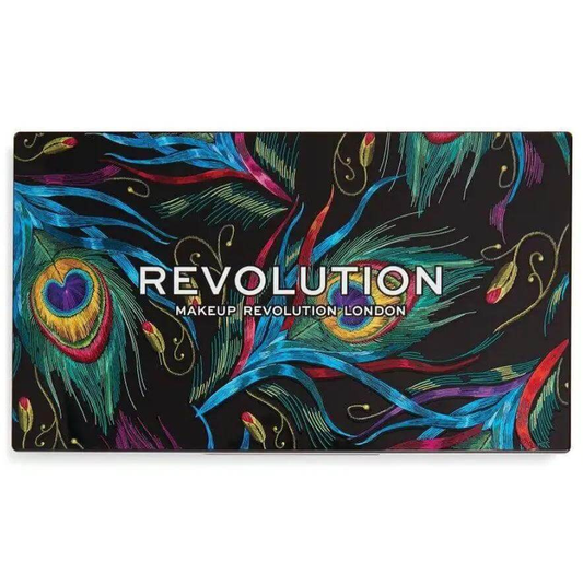 Makeup Revolution Creative Vol 1 Palette with colorful peacock feather design and logo, showcasing 24 vibrant eyeshadow shades.
