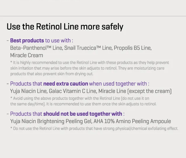 Guidelines for safely using the Retinol Line with compatible and incompatible skincare products.