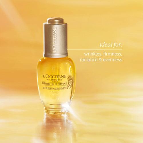 L'Occitane Immortelle Divine Youth Oil in a glass bottle, ideal for reducing wrinkles and enhancing skin radiance.