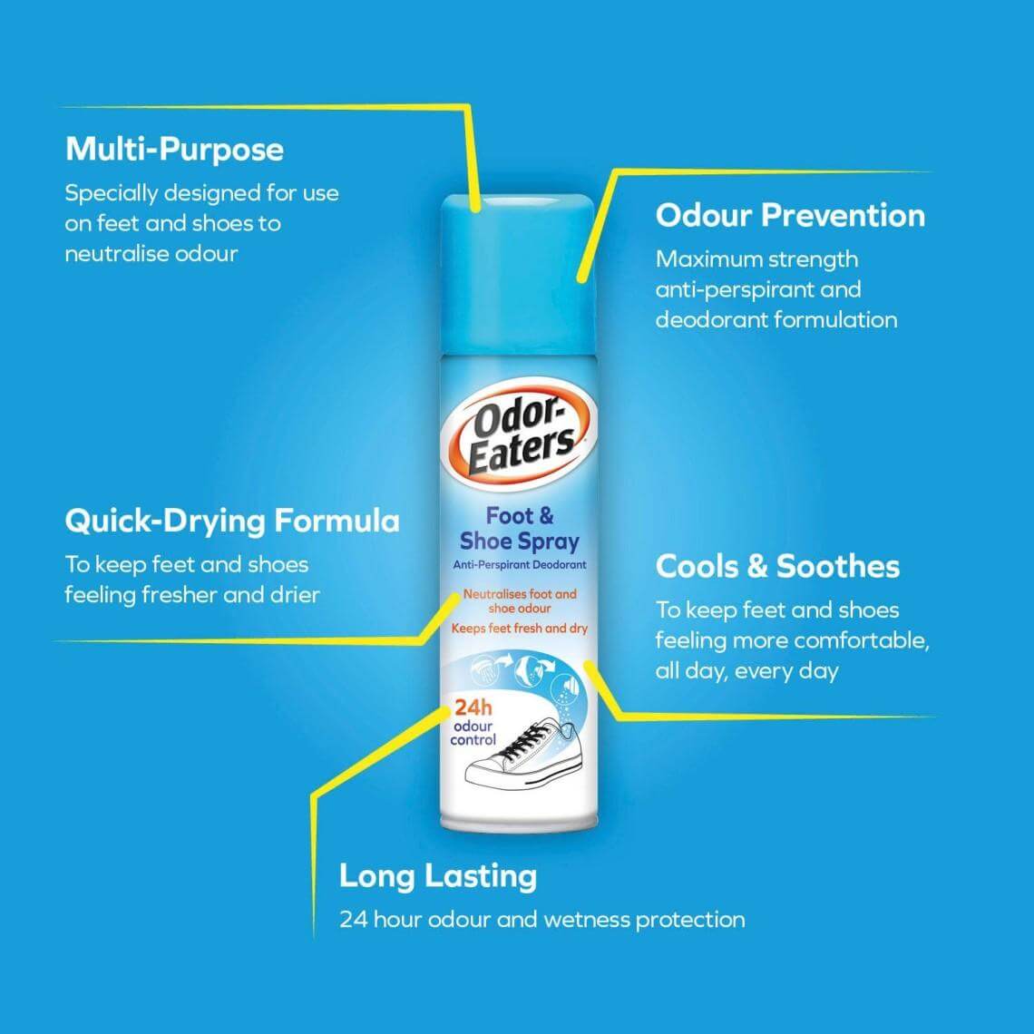 Odor-Eaters Foot & Shoe Spray 150ml, multi-purpose deodorant for 24-hour odour and wetness protection, quick-drying formula.