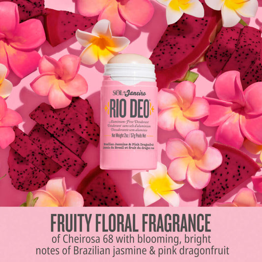 Sol de Janeiro Beija Flor Rio Deodorant with fruity floral fragrance, featuring Brazilian jasmine and pink dragonfruit.