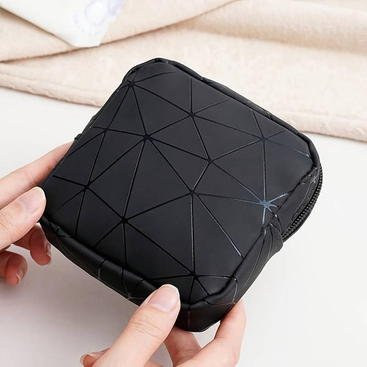 Multipurpose waterproof sanitary napkin storage bag for travel, featuring a sleek black design.