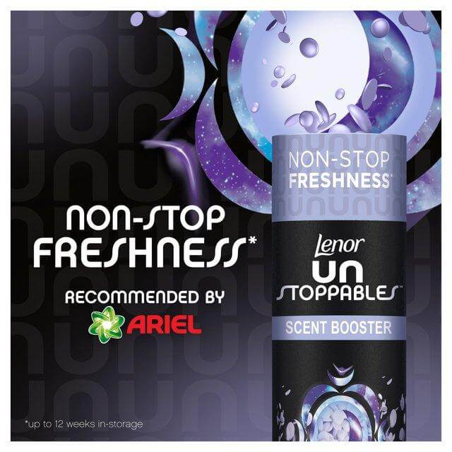 Lenor Unstoppables Scent Booster packaging highlighting non-stop freshness for laundry.