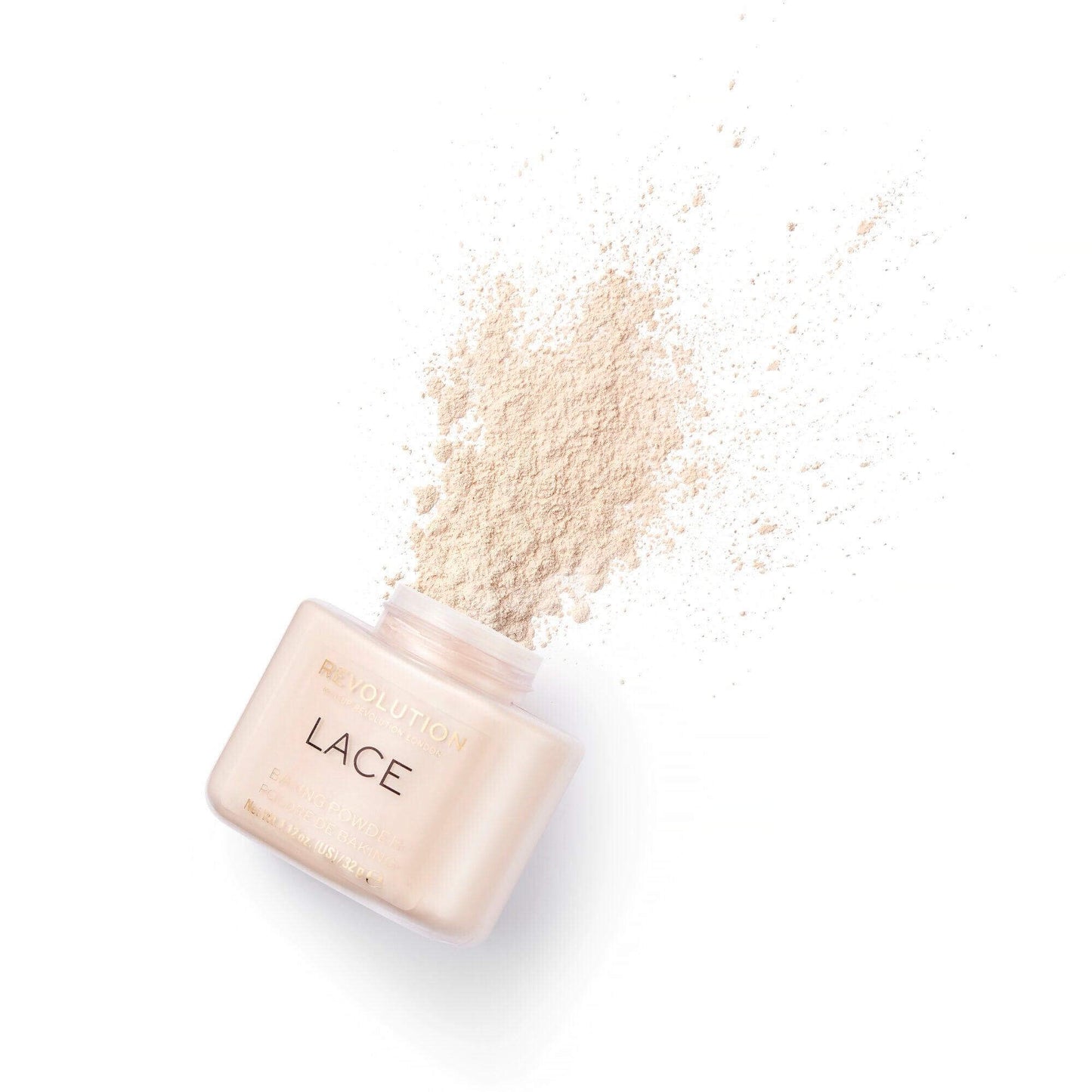 Makeup Revolution Loose Baking Powder Lace in jar with powder splatter for flawless makeup finish.