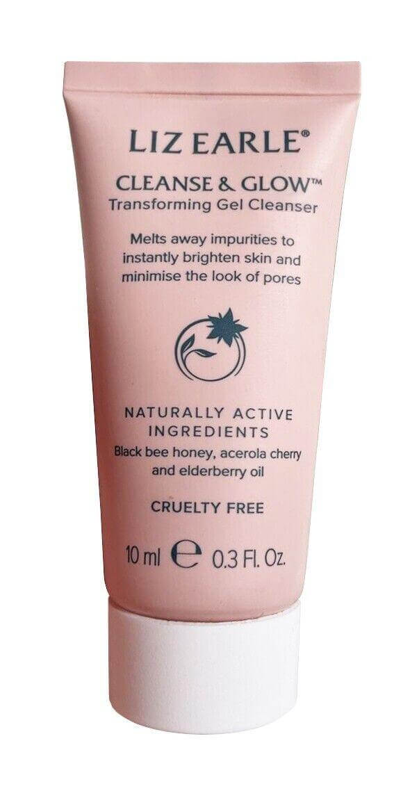 Liz Earle CLEANSE & GLOW 10ml Transforming Gel Cleanser for brightening skin and minimizing pores, cruelty-free formula.