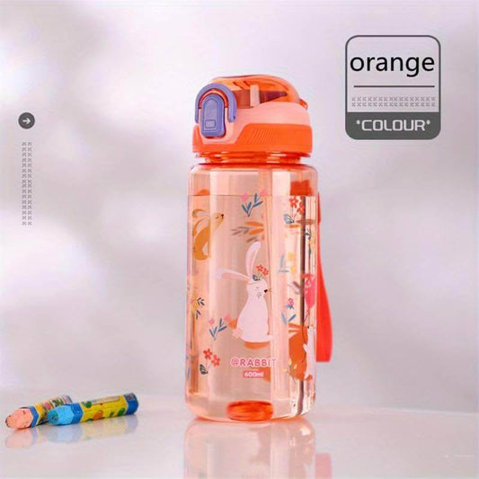 Kids 600ml leak-proof water bottle in orange with straw and cute rabbit design, perfect for children.