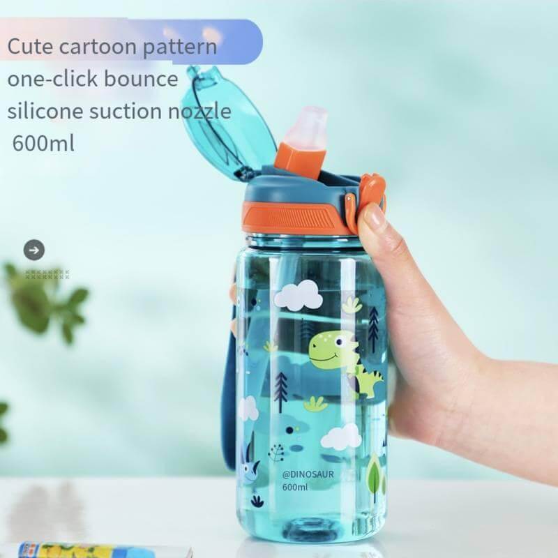 Kids water bottle with cute dinosaur pattern, 600ml, leak-proof, silicone suction nozzle, one-click bounce cover.