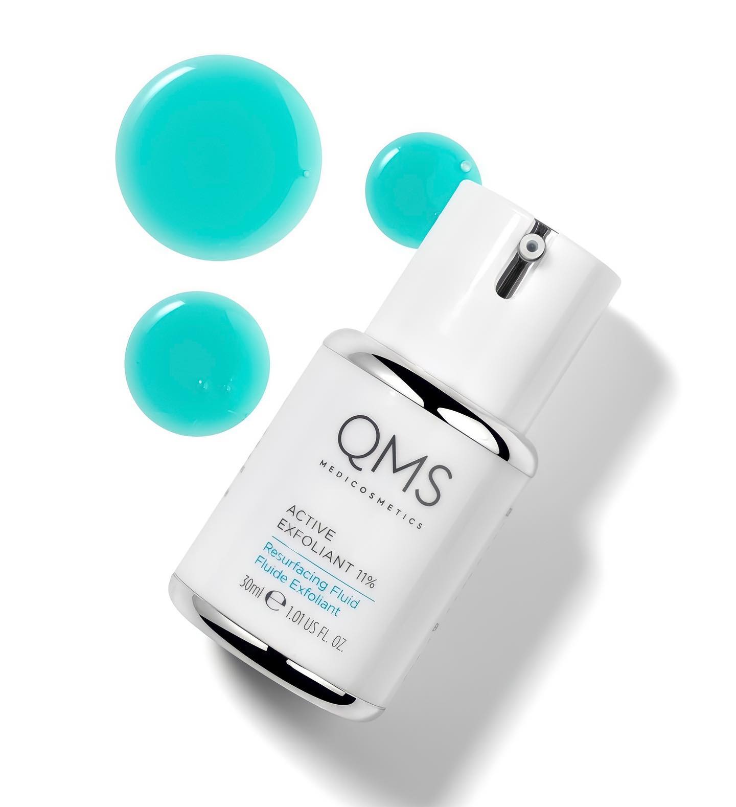 QMS Medicosmetics Active Exfoliant 7% Resurfacing Fluid with teal droplets for glowing skin, 30ml bottle.