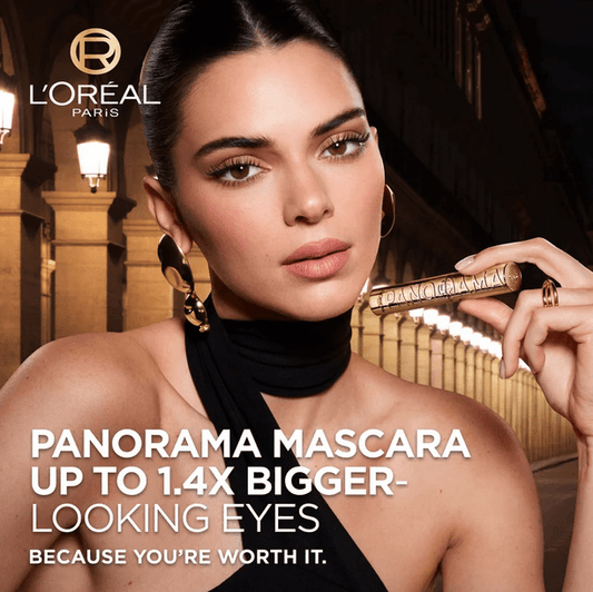 L'Oreal Paris Panorama Mascara showcasing model with stunning lashes, promoting volume and bigger-looking eyes.