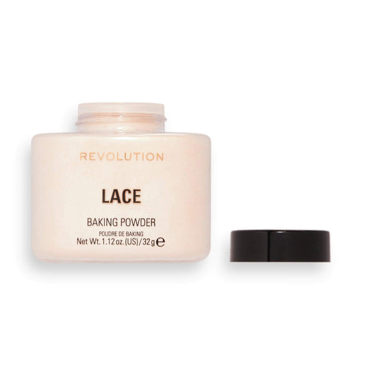 Makeup Revolution Loose Baking Powder Lace jar with lid off, ideal for brightening and prolonging makeup wear.