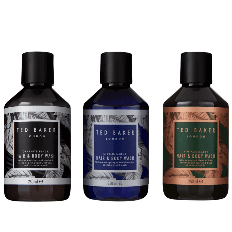 Ted Baker Hair & Body Wash Trio featuring Graphite Black, Sterling Blue, and Vintage Amber in 250ml bottles.