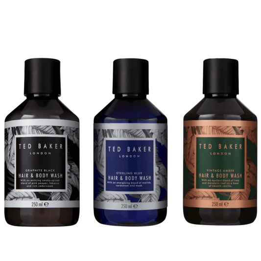 Ted Baker Hair & Body Wash Trio featuring Graphite Black, Sterling Blue, and Vintage Amber in 250ml bottles.