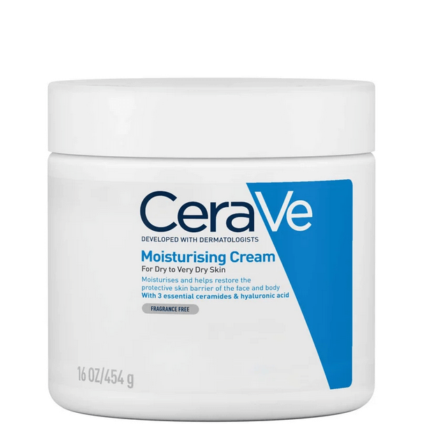 CeraVe Moisturising Cream 16 oz jar for dry to very dry skin, infused with ceramides and hyaluronic acid, fragrance-free.