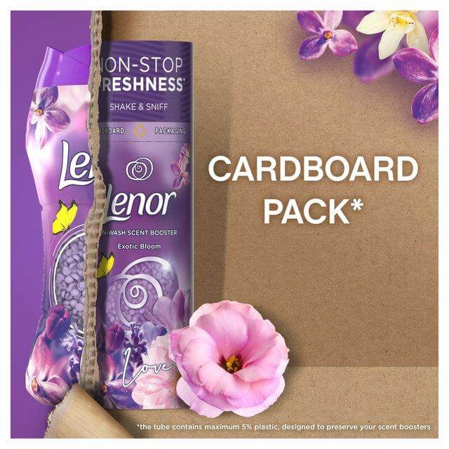 Lenor In-Wash Scent Booster Exotic Bloom in recyclable cardboard pack with floral design and freshness messaging.