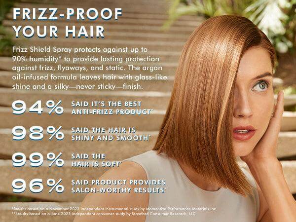 Moroccanoil Frizz Shield Spray advertisement showcasing frizz-proof hair results and key benefits like shine and smoothness.