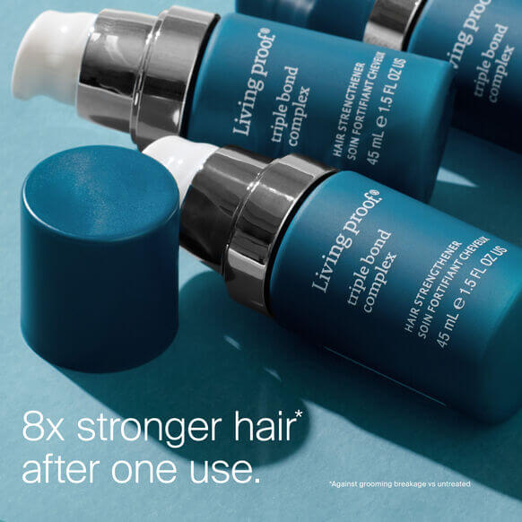 Living Proof Triple Bond Complex bottles showcasing hair strengthening benefits for resilient hair after one use.