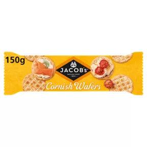 Jacob's Cornish Wafers Crackers 150g pack featuring various toppings and textures suitable for vegetarians.