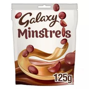 Galaxy Minstrels Chocolate Pouch Bag 125g, suitable for vegetarians, with milk and soya allergens.