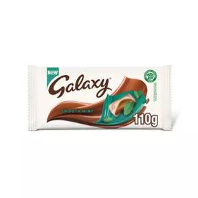 Galaxy Smooth Mint Chocolate Block Bar 110g packaging featuring creamy mint and chocolate flavors, suitable for vegetarians.
