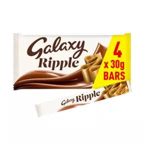 Galaxy Ripple Chocolate Bars multipack featuring 4 bars of 30g, suitable for vegetarians, contains milk and soya.