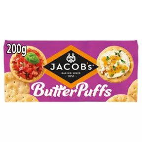 Jacob's Butter Puffs Crackers 200g packaging featuring vegetarian snacks, suitable for various toppings.