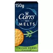 Carr's Melts Italian Herbs Flavour Crackers 150g packaging with a blue design and cracker image.