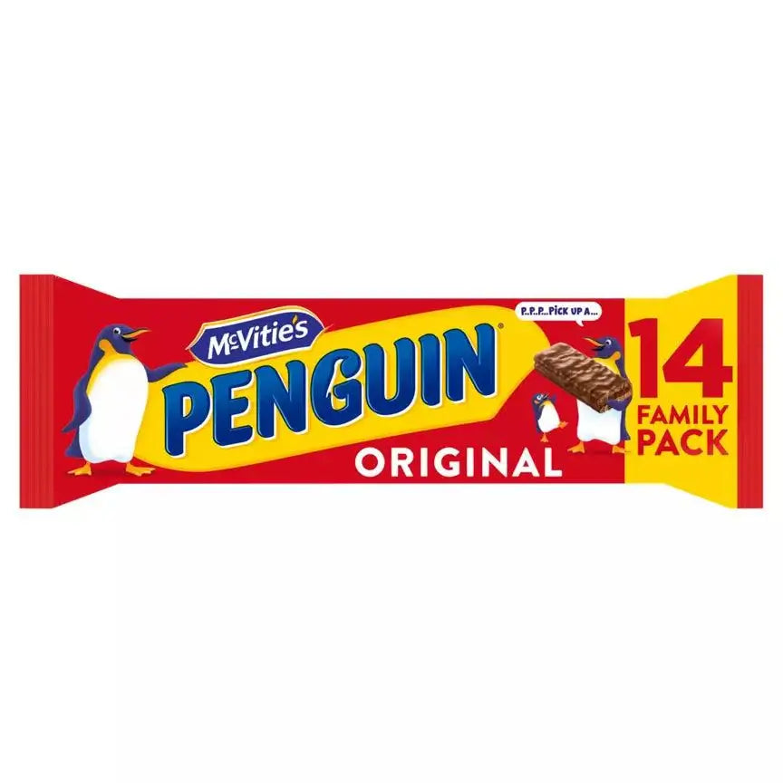 McVitie's Penguin Milk Chocolate Biscuit Bar Family Pack, 14 bars x 24.6g, suitable for vegetarians, allergy advice included.