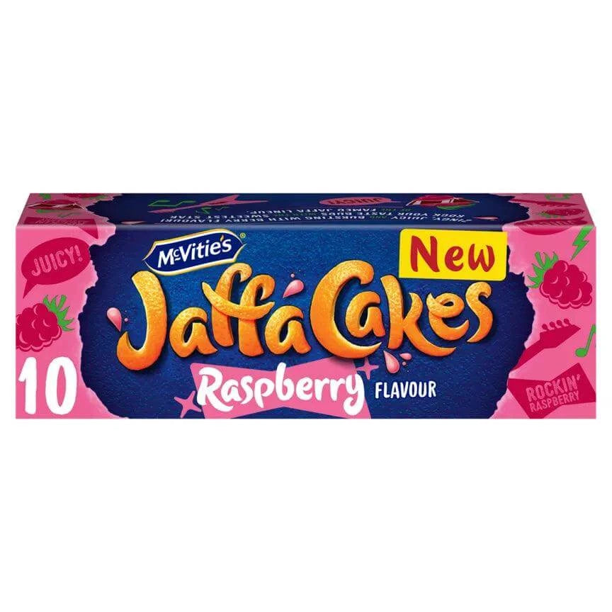 McVitie's Jaffa Cakes Original Raspberry Flavour, 10 cakes, 110g package featuring juicy raspberry design.