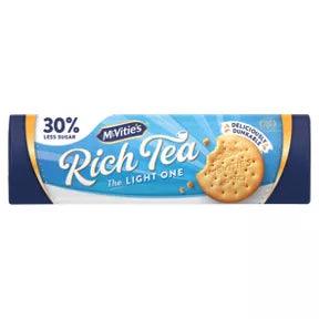 McVitie's Rich Tea The Light One Biscuits 300g packaging, featuring 30% less sugar and a delicious biscuit.