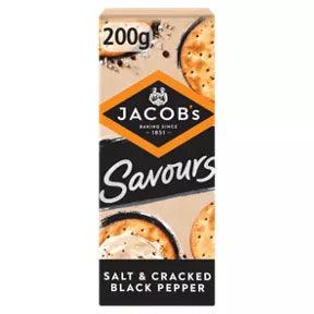 Jacob's Savours Bakes Salt & Cracked Black Pepper Crackers 200g packaging featuring crunchy crackers.