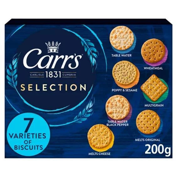 Carr's Crackers Selection 200g box featuring 7 varieties of biscuits suitable for vegetarians, kosher certified.