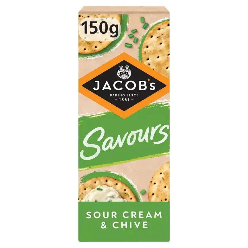 Jacob's Savours Thins Sour Cream & Chive Crackers, 150g pack, suitable for vegetarians with a creamy flavor.