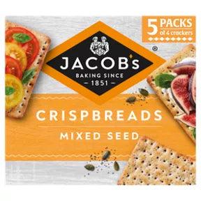 Jacob's Crispbreads Mixed Seed Crackers packaging, 5 packs of 30g, suitable for vegetarians, includes various seeds.