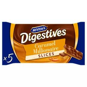 McVitie's Digestive Caramel Millionaire Slices pack, featuring 5 chocolate-topped biscuit slices, suitable for vegetarians.