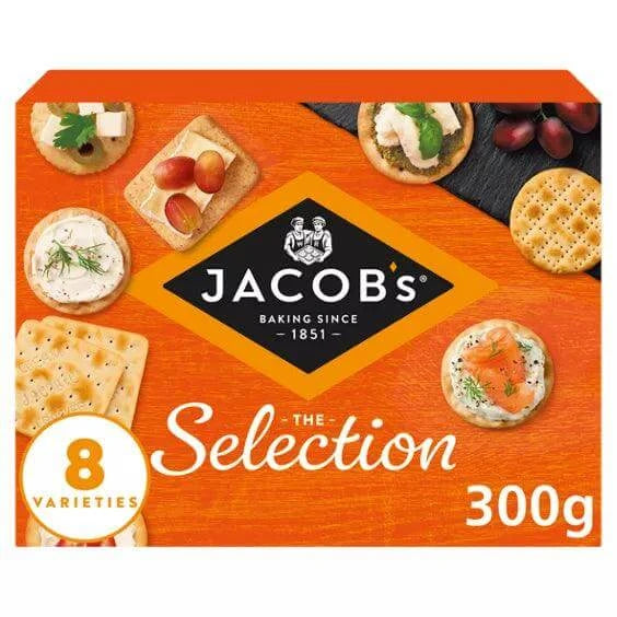 Jacob's Biscuits for Cheese 8 variety assortment 300g packaging, featuring assorted crackers ideal for cheese pairings.