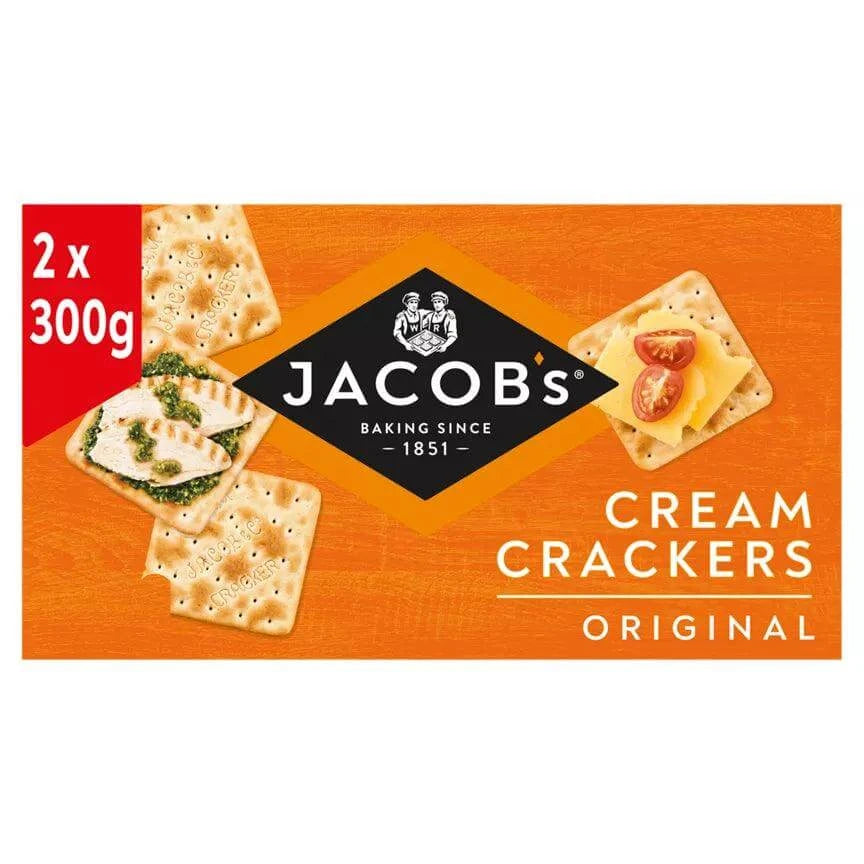 Jacob's Original Cream Crackers Twin Pack 2x300g, kosher and vegetarian friendly, perfect for snacking.