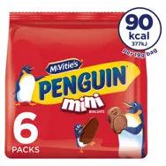 McVitie's Mini Penguin Milk Chocolate Biscuits multipack with 6 x 19g packs, 90 kcal per biscuit, suitable for vegetarians.