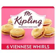 Mr Kipling 6 Viennese Whirls 6 Pack, deliciously creamy and suitable for vegetarians, perfect for a sweet treat.